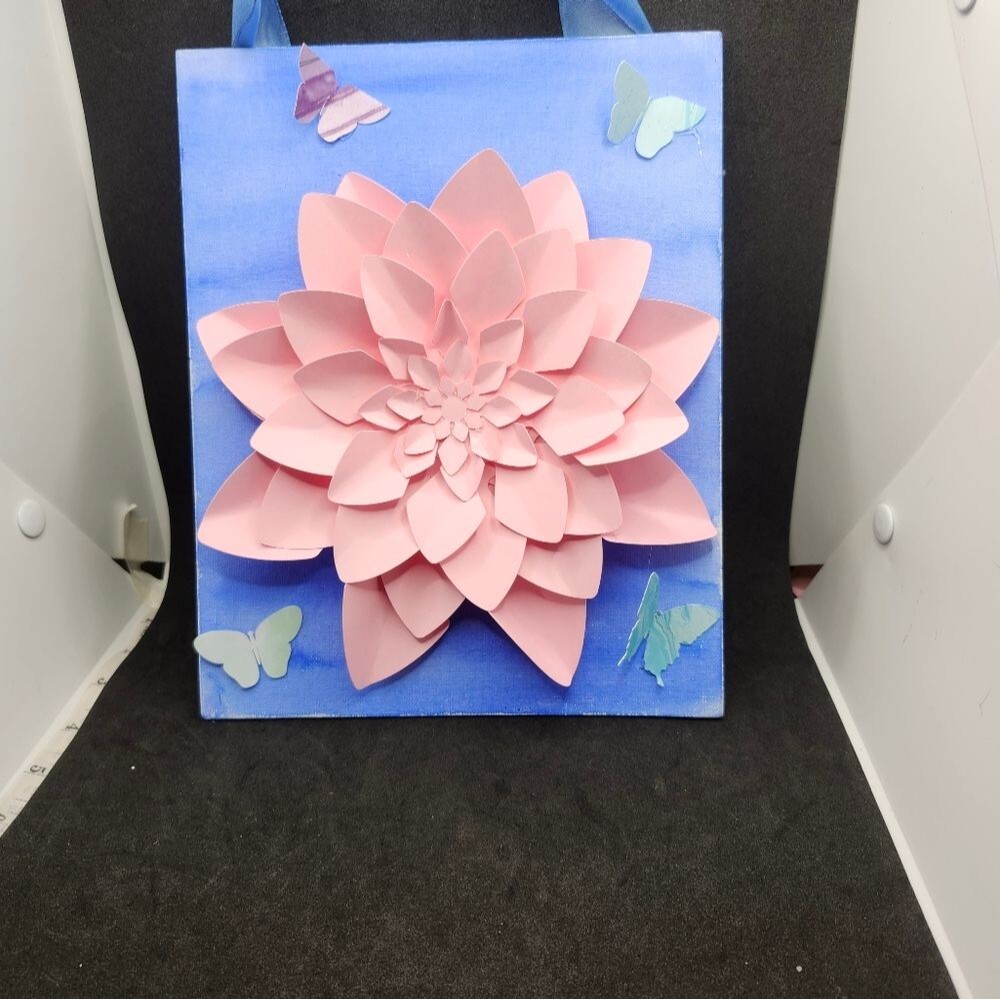 Handmade Dahlia Flower Canvas Wall Art, Mixed Media Watercolor Painting, Pink